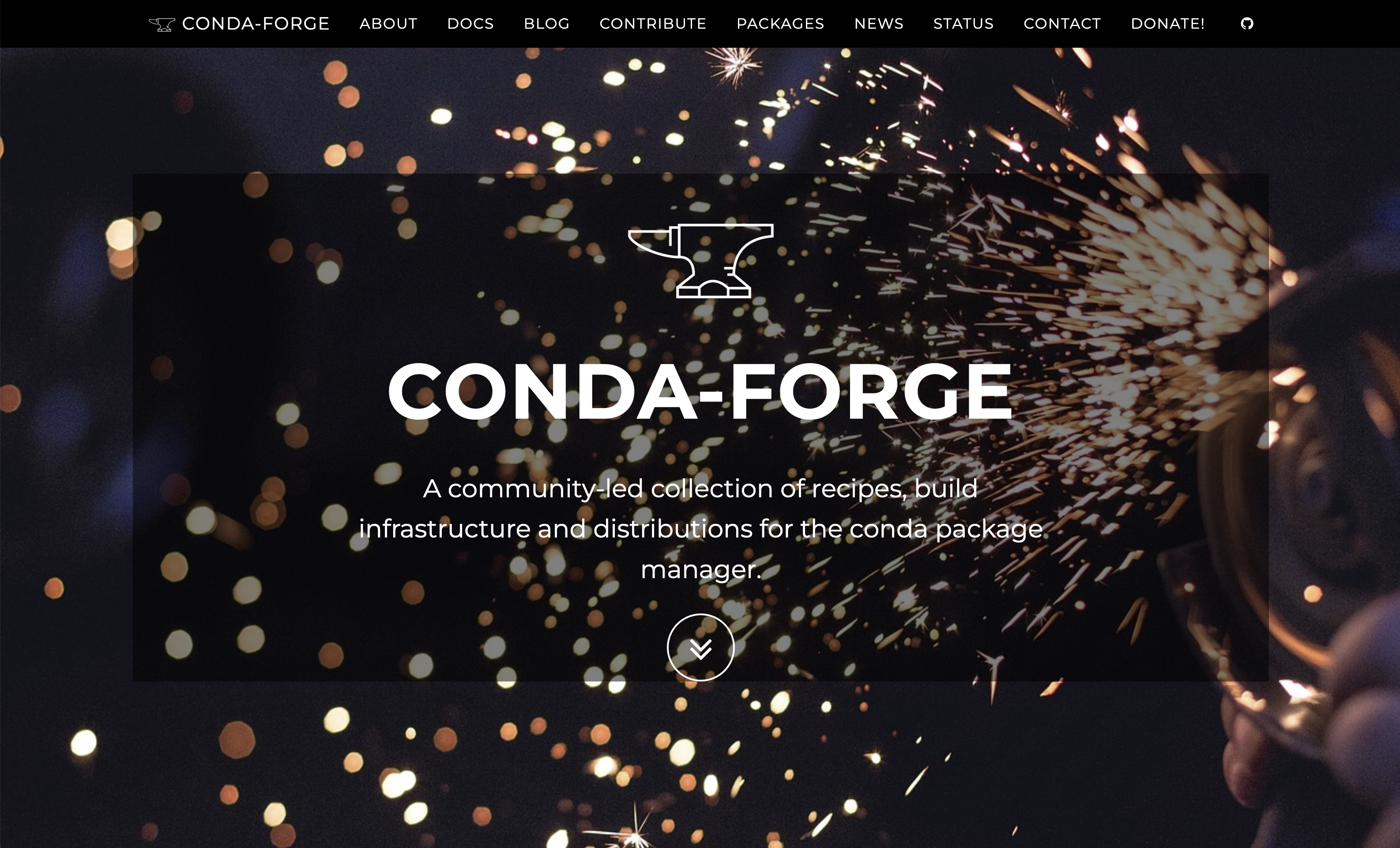 The frontpage of the original conda-forge website. A forge emitting impact sparks is used as a dark background. A prominent large text reading conda-forge sits below the official conda-forge logo, a black anvil. A smaller description reads 'A community-led collection of recipes, build infrastructure and distributions for the conda package manager'.