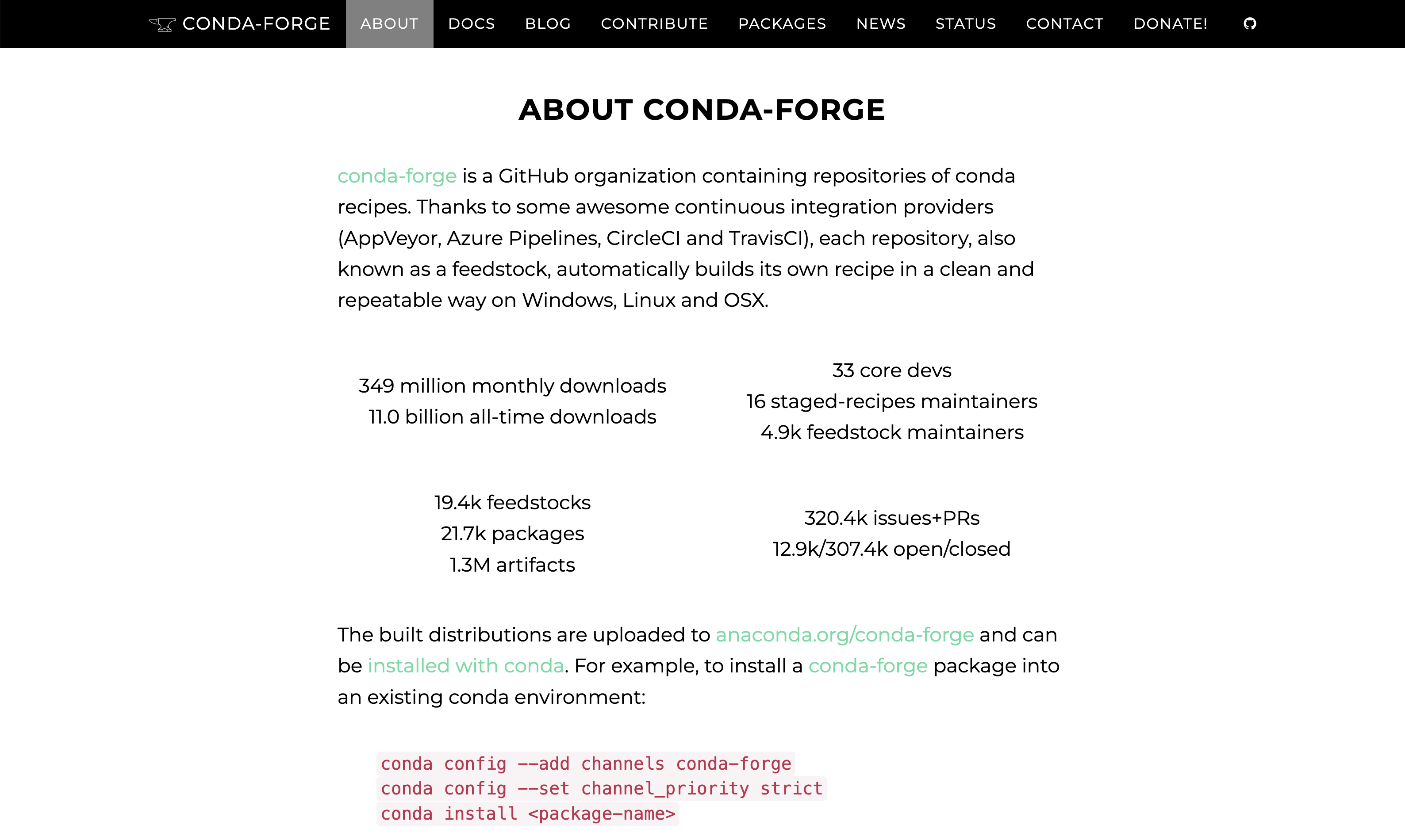 The About section in the frontpage of the original conda-forge website. It presents a paragraph introducing how conda-forge works, which is followed by some statistics like the amount of monthly and all-time downloads, how many packages are available, or the number of issues and PRs that were opened so far.
