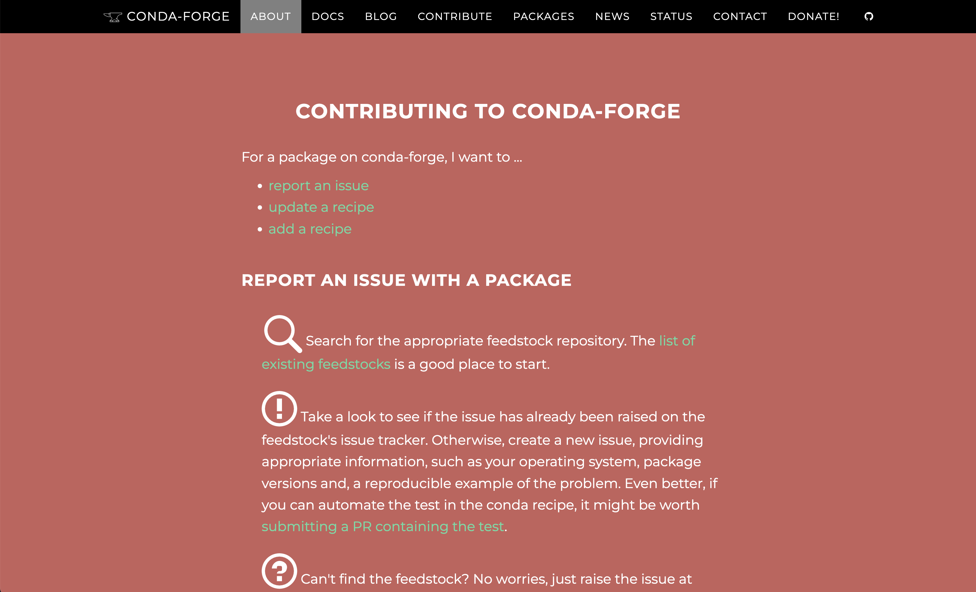 The Contributing section in the frontpage of the original conda-forge website. It contains information about how to report issues, update recipes or add new ones.