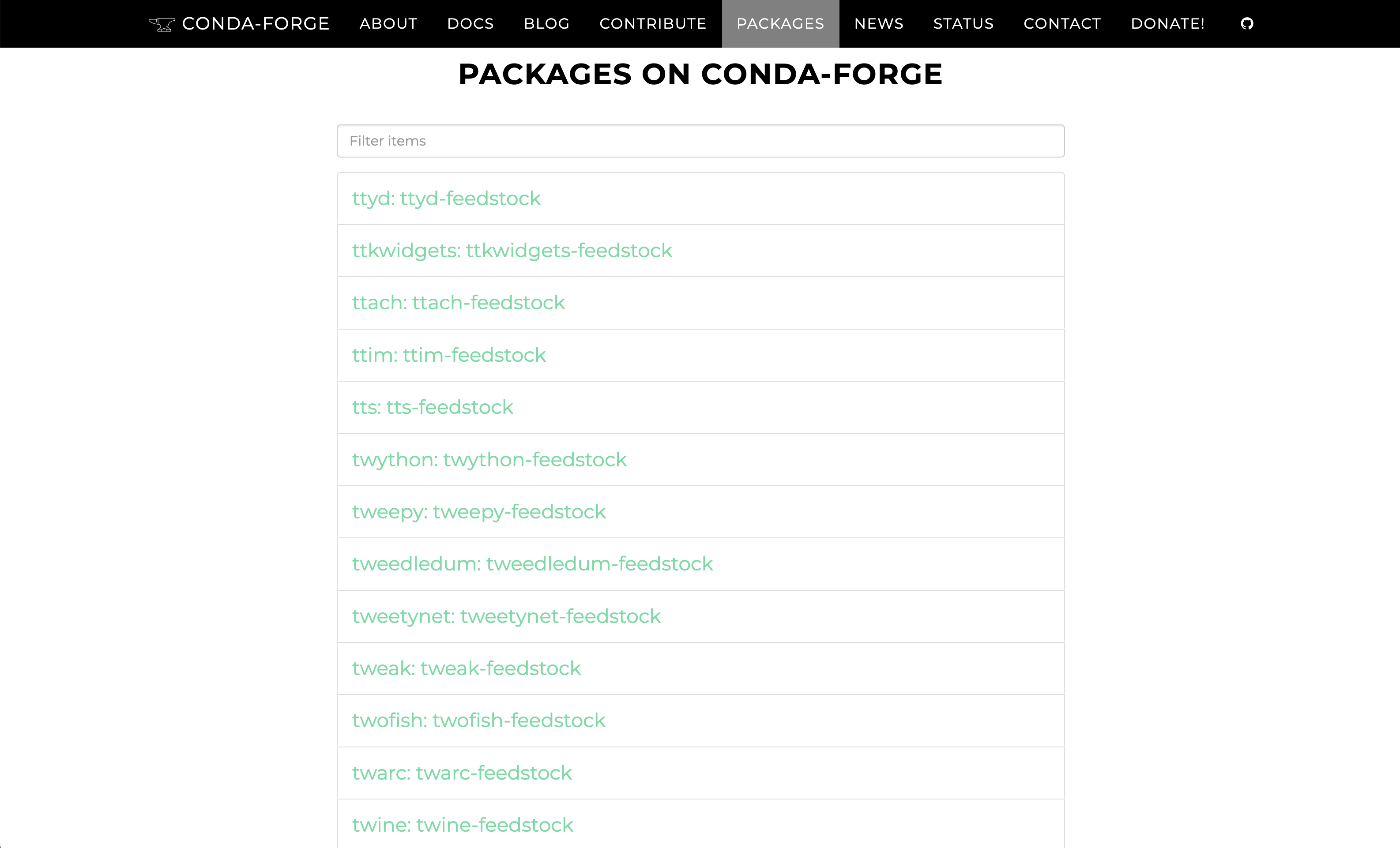The original Packages page in the old conda-forge website, with a search bar that filters which packages are provided by which feedstocks. A list of feedstocks starting with 'tt' and 'tw' can be seen despite the search bar being empty.